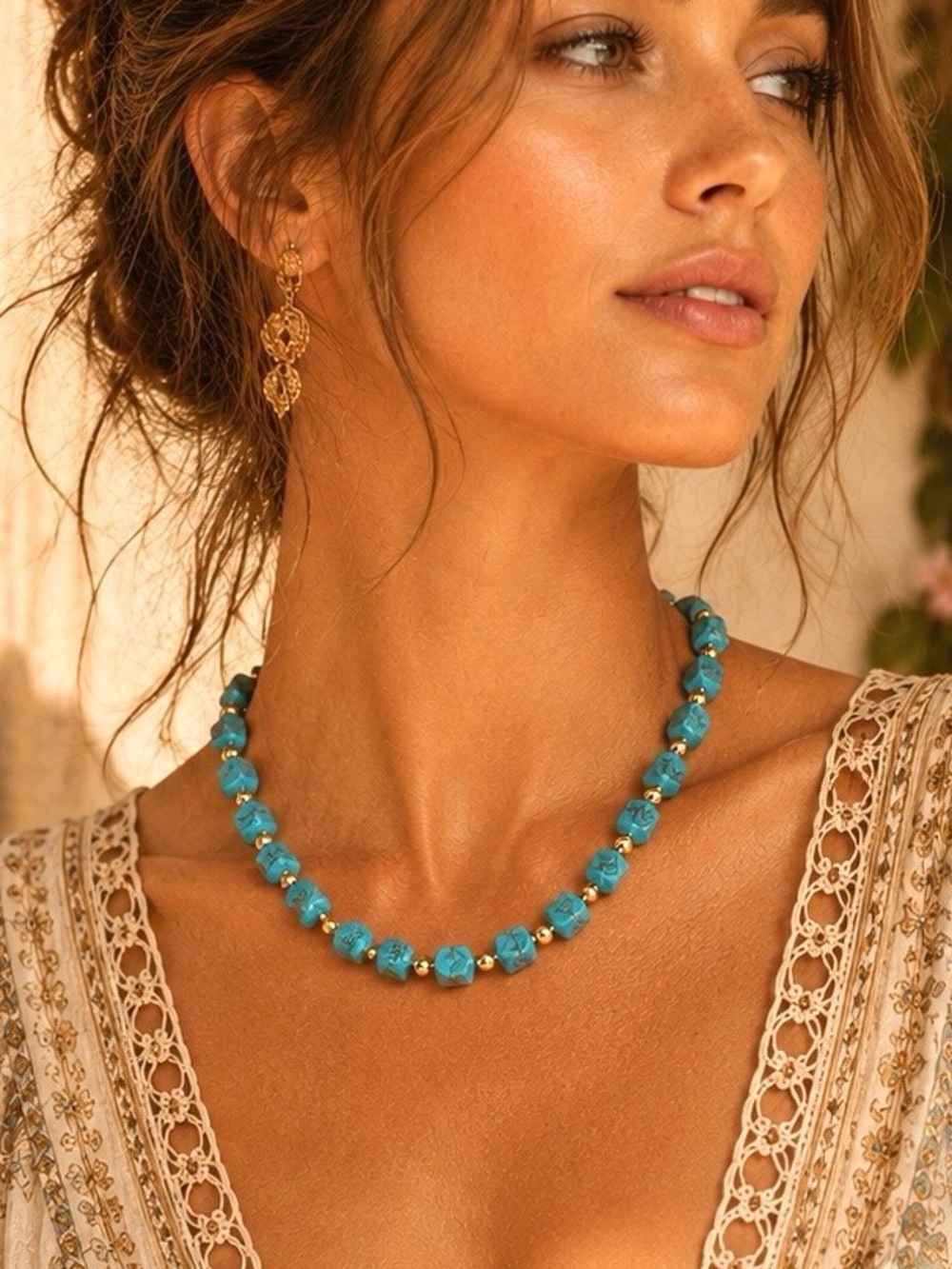 NWT Turquoise Gold Bead Choker Necklace 18k Gold Plated Boho Coastal Luxe - Picture 6 of 7